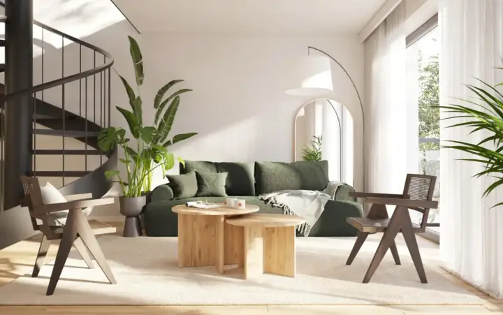 Nowoczesny salon z zieloną sofą i drewnianymi meblami. Idealne miejsce na wakacyjny **wynajem apartamentów nad morzem**.