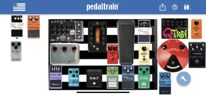 Efekt gitarowy na pedalboardzie: Boss NS-2, DS-1, TU-3, MXR Dyna Comp, Electro-Harmonix Big Muff, Ibanez Tube Screamer, Boss BD-2, RAT, Fuzzface i inne.