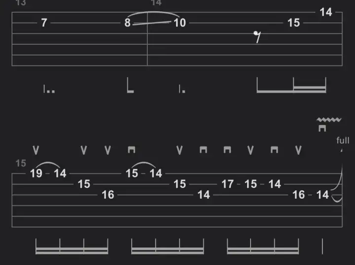 Fragment tabulatury gitarowej z nutami i oznaczeniami, w tym "fade to black tab".