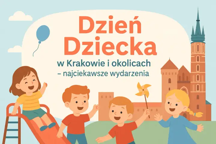 Radosne dzieci bawią się na zjeżdżalni i z wiatraczkiem. Zapowiedź wydarzeń dla dzieci Kraków.