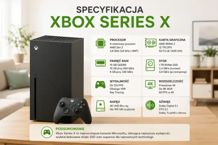 Xbox Series X z kontrolerem na stole, obok ikony specyfikacji technicznych.
