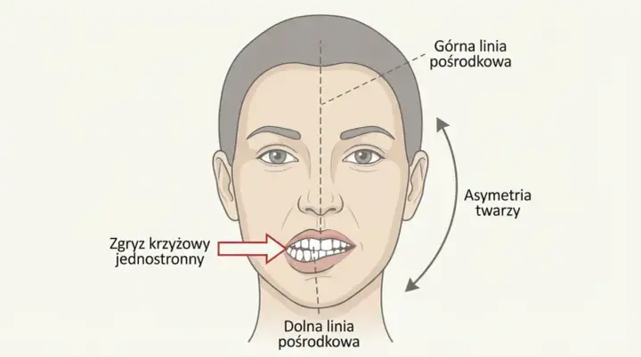 Ilustracja twarzy z zaznaczoną asymetrią i zgryzem krzyżowym jednostronnym. Widoczna jest nierówność dolnej części twarzy, wskazująca na problem z żuchwą.