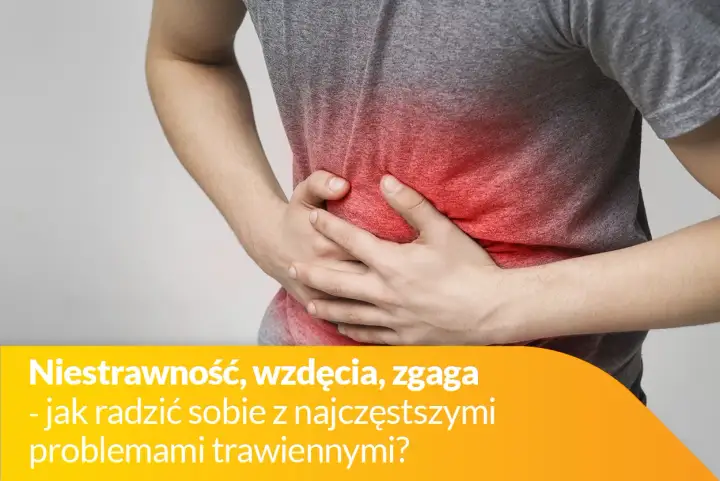 Osoba trzyma się za brzuch, odczuwając ból brzucha po jedzeniu. Czerwony obszar na brzuchu symbolizuje dyskomfort.