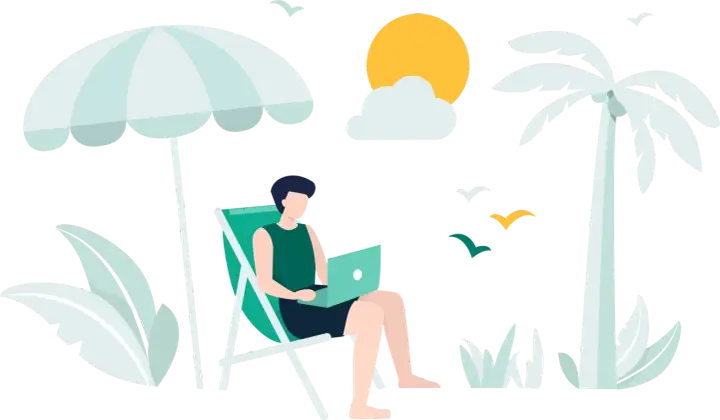 Mężczyzna pracuje na laptopie pod parasolem plażowym, marząc o wakacjach od ZUS 2026. Palmy i słońce dopełniają tropikalny klimat.