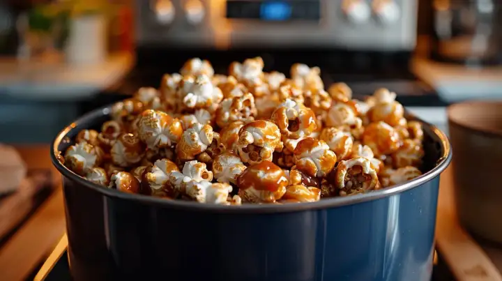 Un bol rempli de pop corn caramel, prêt à être dégusté.