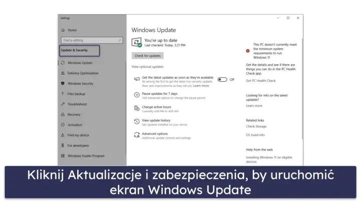 Ekran Ustawień Windows 10, sekcja Aktualizacje i zabezpieczenia. Widoczny komunikat o braku możliwości aktualizacji do Windows 11.
