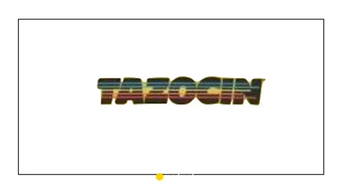 Napis tazocin w stylu retro, z kolorowymi pasami wewnątrz liter.