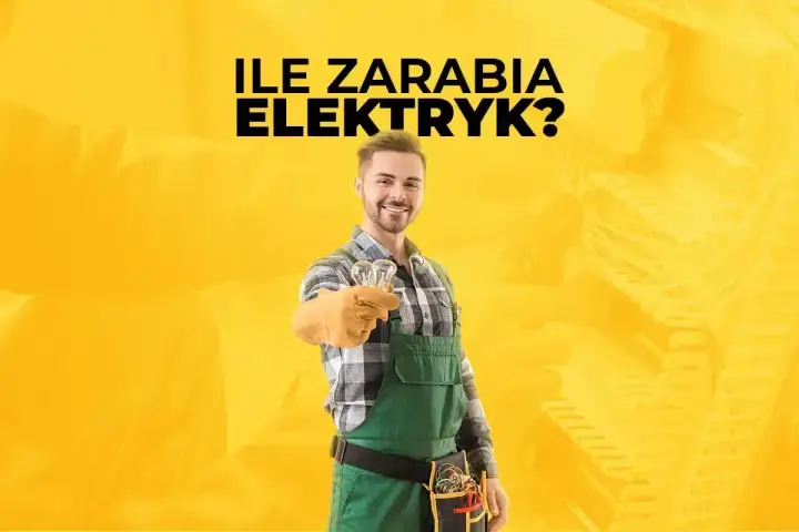 Uśmiechnięty elektryk w zielonym ogrodniczkach trzyma żarówki. Dowiedz się, ile zarabia elektryk i jakie są realia tej pracy.