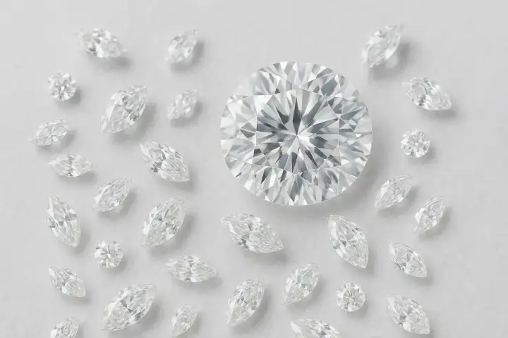 Oto jak wygląda diament: duży, okrągły brylant otoczony mniejszymi diamentami w kształcie łzy i okrągłymi.