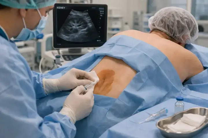 Lekarz wykonuje biopsję nerki pod kontrolą USG. Pytanie, czy torbiel może się wchłonąć, jest kluczowe w diagnostyce.