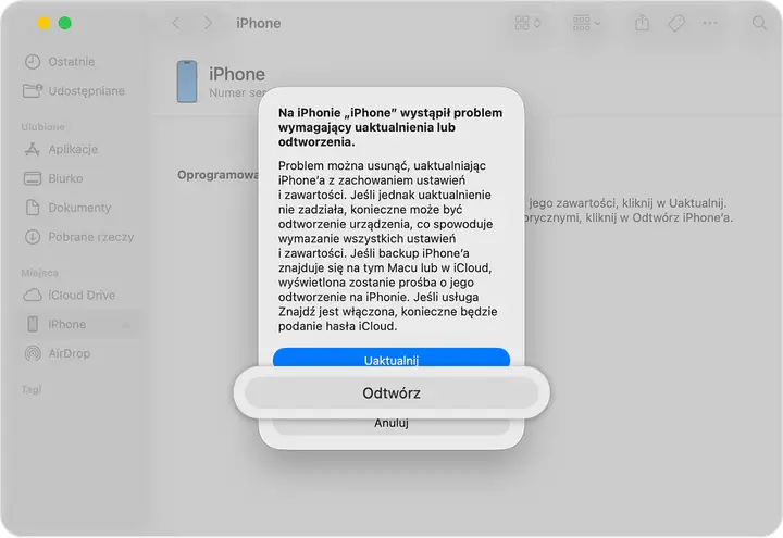 Komunikat o błędzie na iPhonie, sugerujący uaktualnienie lub odtworzenie. Możliwe rozwiązanie problemu to reset iPhone'a.