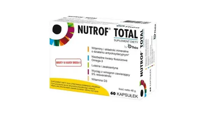 Opakowanie suplementu diety Nutrof Total z luteiną, zeaksantyną i kwasami Omega-3.