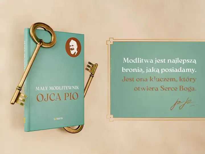 Książka "Mały modlitewnik Ojca Pio" z kluczami symbolizującymi otwarcie serca Boga. Modlitwa jest kluczem.