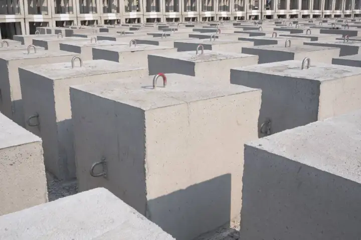 Rząd betonowych bloków, każdy kubik betonu z metalowymi uchwytami, tworzy imponującą strukturę.