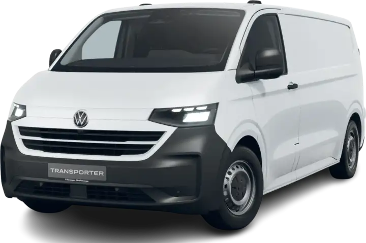 Biały transporter T7 z czarnym zderzakiem i nowoczesnymi światłami LED.