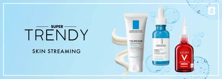 Super trendy kosmetyki do świadomej pielęgnacji twarzy: krem La Roche-Posay Toleriane, serum Hyalu B5 i serum Vichy Liftactiv B3.