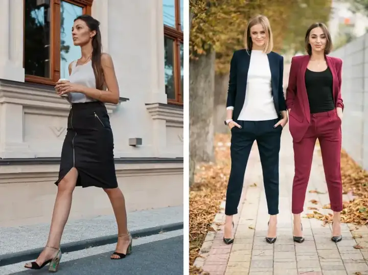 Eleganckie stylizacje na imprezę firmową: czarna spódnica z zamkiem i buty na obcasie, granatowy i bordowy garnitur.