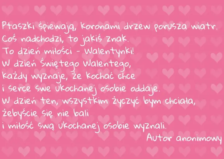 Wiersze miłosne dla zakochanych na Walentynki. Romantyczny tekst o miłości i odwadze w wyznawaniu uczuć, na różowym tle z serduszkami.