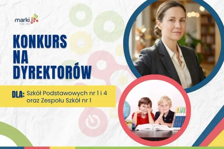 Konkurs na dyrektorów szkół podstawowych i zespołu szkół. Uśmiechnięci uczniowie i poważna dyrektorka.
