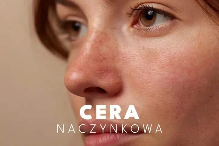 Zbliżenie na twarz z widocznymi rumieńcami i drobnymi naczynkami. Tekst: CERA NACZYŃKOWA.