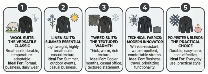 Cinque stili di outfit uomo: lana classica, lino estivo, tweed caldo, tessuti tecnici innovativi e poliestere pratico.