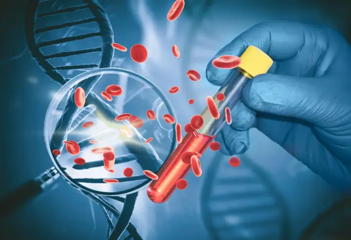 Badanie krwi pod mikroskopem, DNA i probówka. Trucheck Intelli NFZ - przyszłość diagnostyki.