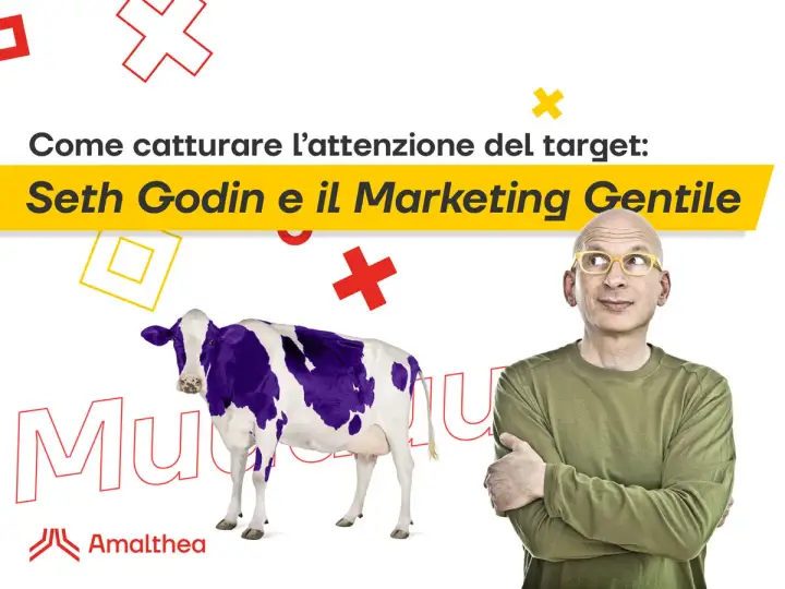 Seth Godin e il Marketing Gentile: una mucca viola e un uomo con occhiali gialli pensano a come catturare l'attenzione del target con il permission marketing.