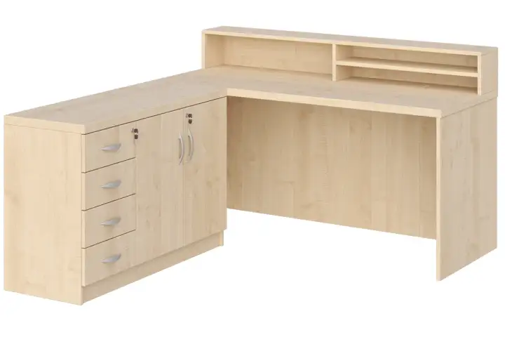 Jasne biurko z nadstawką, z szufladami i szafkami, idealne do organizacji pracy.