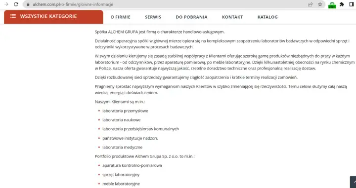 Opis firmy ALCHEM GRUPA: kompleksowe zaopatrzenie laboratoriów w sprzęt, odczynniki i meble. Oferta dla laboratoriów przemysłowych, naukowych, medycznych.