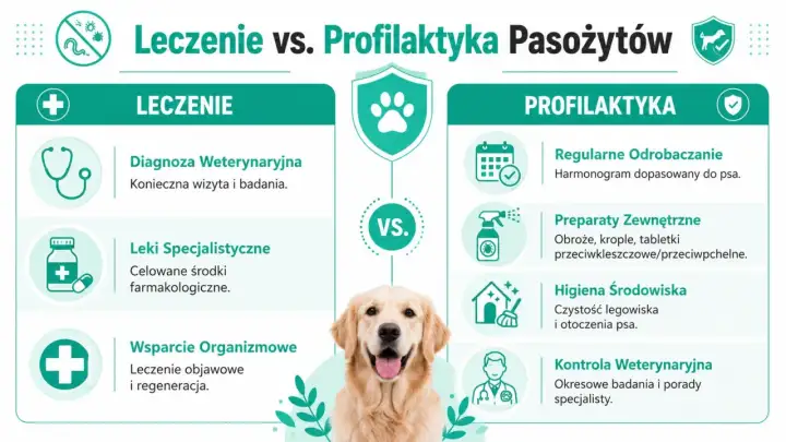 Grafika porównuje leczenie i profilaktykę przeciwko pasożytom u psa. Pokazuje, że robaki u psa wymagają diagnozy, leków i wsparcia, podczas gdy profilaktyka to regularne odrobaczanie, preparaty zewnętrzne i higiena.
