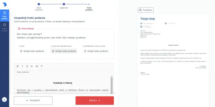 Uzupełnianie treści podania o pracę. Możesz wybrać gotowy szablon lub napisać własny.