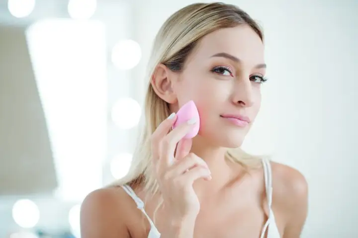 Blondynka z naturalnym pięknem, używa różowej gąbeczki do makijażu. Efekt make up no make up.