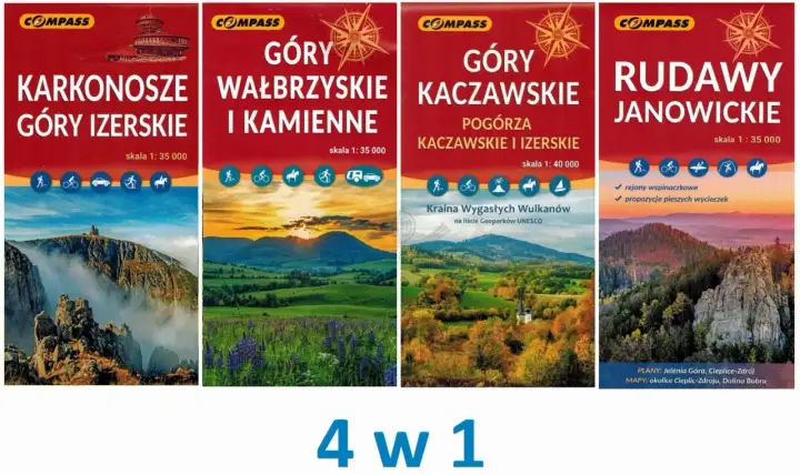 Mapy Karkonoszy, Gór Izerskich, Wałbrzyskich, Kaczawskich i Rudaw Janowickich. Różnica między Karkonoszami a Rudawami pod kątem infrastruktury widoczna w ikonach aktywności.