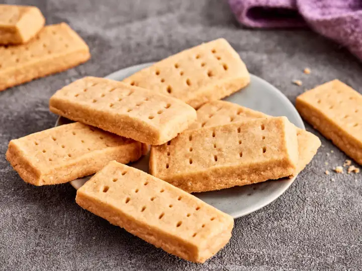 Goldbraune Shortbread-Kekse, perfekt für ein einfaches Shortbread Rezept. Sie liegen auf einem Teller und daneben ein lila Tuch.