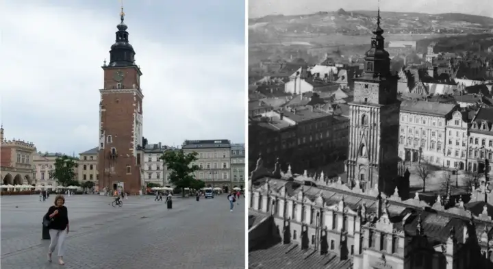 Kraków opis miasta: Ratusz na Rynku Głównym dziś i dawniej. W tle widać wzgórza otaczające miasto.