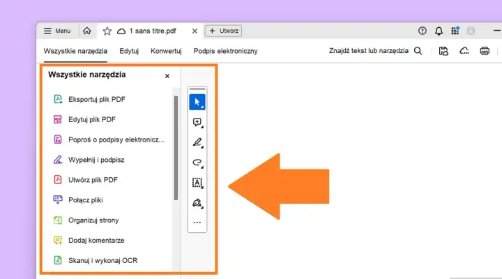 Panel narzędzi w programie Adobe Reader pokazuje opcje edycji, eksportu i organizacji plików PDF.