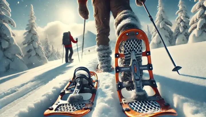 Racchette per camminare sulla neve pronte per un'avventura invernale tra alberi innevati e un sole brillante.