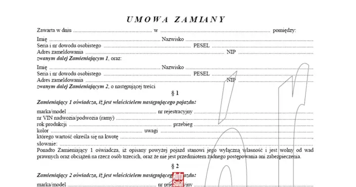 Umowa zamiany samochodu: dokument zawiera dane stron, szczegóły pojazdów i oświadczenia o własności.