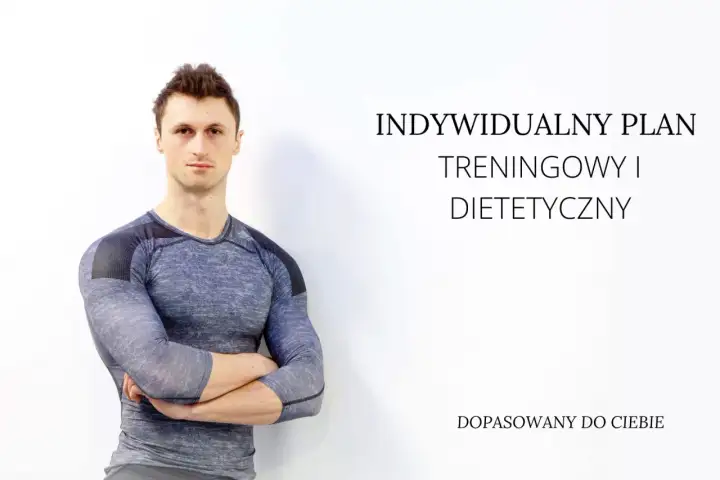 Mężczyzna w sportowym ubraniu, z tekstem "Indywidualny plan treningowy i dietetyczny". Dowiedz się, po jakim czasie widać efekty ćwiczeń w domu.
