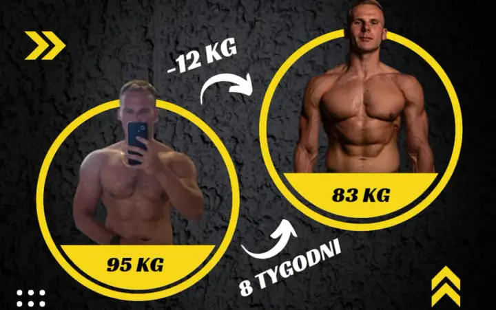 Sylwetka kulturysty przed i po 8 tygodniach treningu. Z 95 kg do 83 kg, utrata 12 kg.