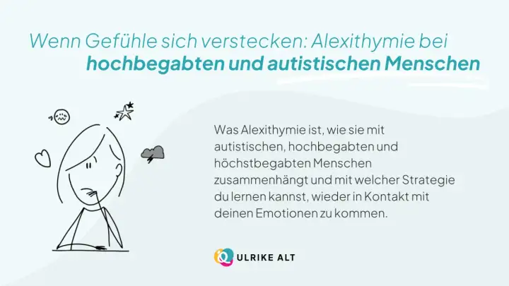 Eine Person mit vielen Symbolen für Gefühle um den Kopf. Alexithymie Ursachen bei Hochbegabten und Autisten.
