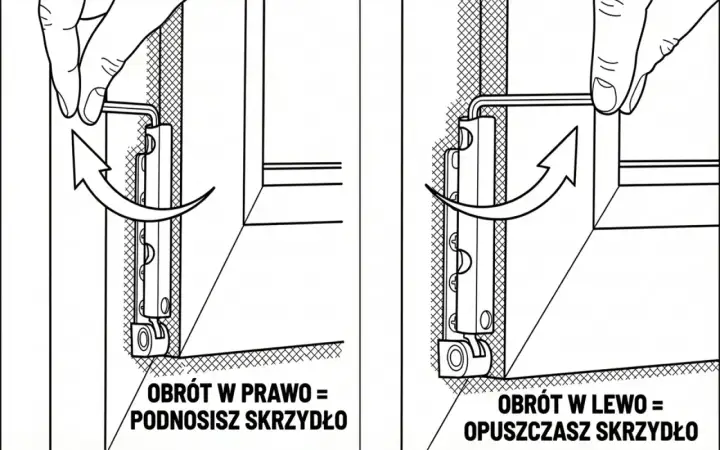 Instrukcja jak wyregulować okno, by nie wiało: obrót kluczem w prawo podnosi skrzydło, w lewo opuszcza.