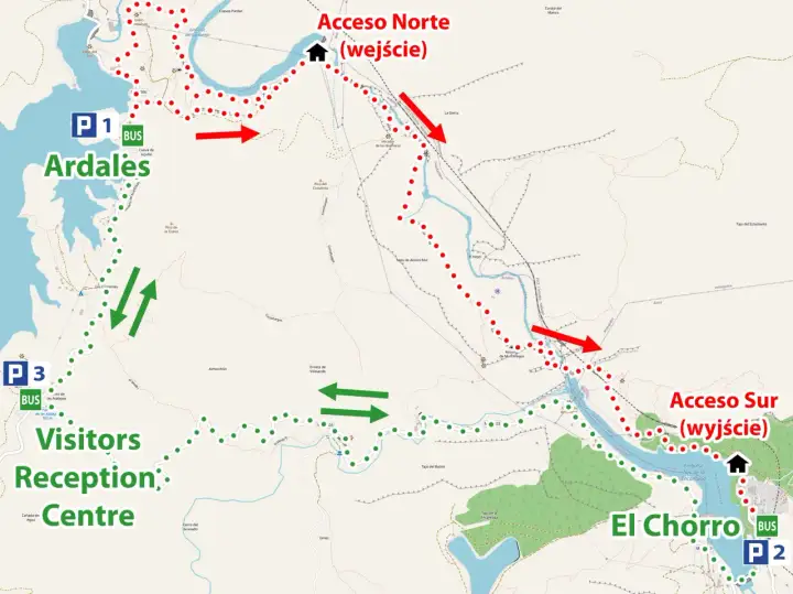 Mapa szlaku Caminito del Rey z zaznaczonymi parkingami (P1, P3, P2), wejściami (Norte, Sur) i centrum recepcyjnym dla odwiedzających.