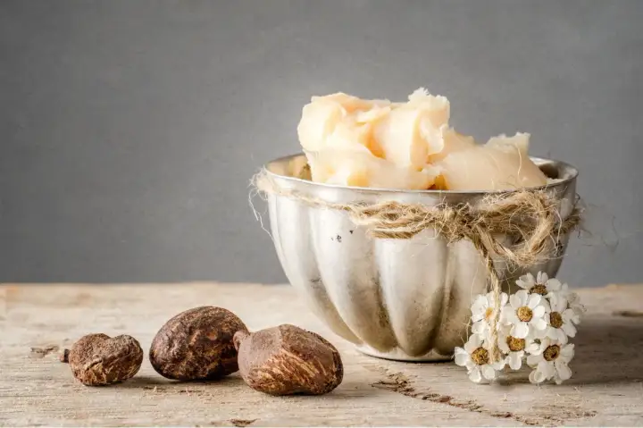 Naturalne masło shea na włosy w ozdobnej miseczce, obok orzechy shea i bukiecik kwiatów.