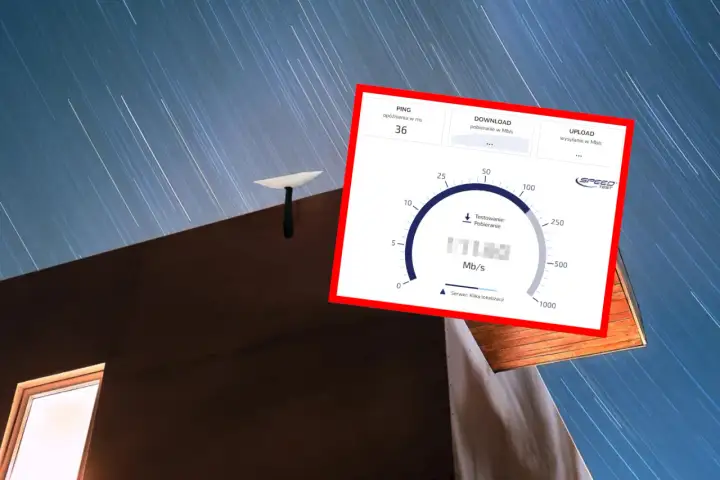 Starlink z prędkością 171 Mb/s pobierania. Antena satelitarna na dachu, nocne niebo z smugami gwiazd.