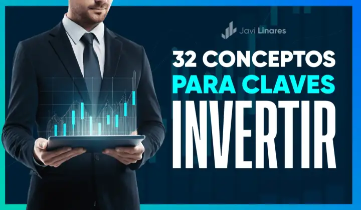 Hombre de negocios con tablet que muestra gráficos. Título: "32 conceptos clave para invertir". Aprende cómo conseguir inversores.