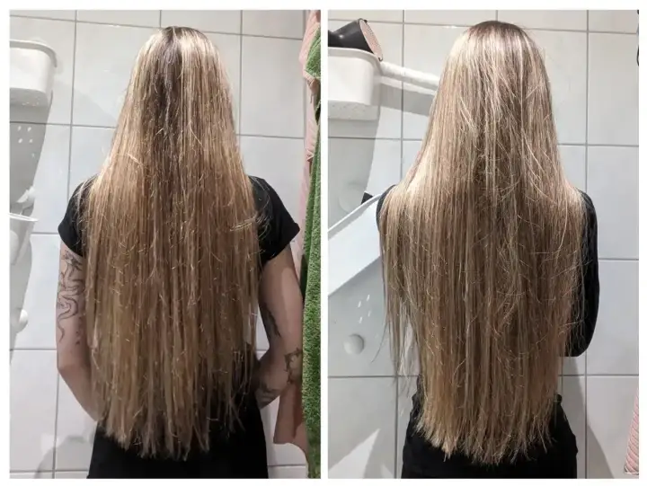 Długie, blond włosy przed i po zabiegu olejowania. Włosy po olejowaniu są gładsze i bardziej lśniące.
