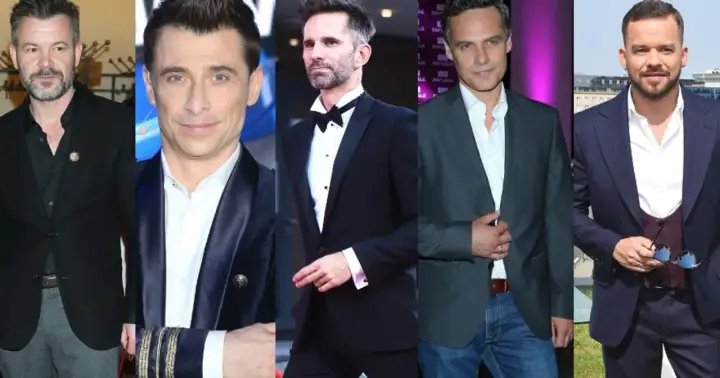 Pięciu polskich celebrytów w eleganckich strojach.