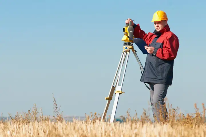 Geodeta w żółtym kasku pracuje z tachimetrem na polu. Zastanawiasz się, ile kosztuje geodeta?
