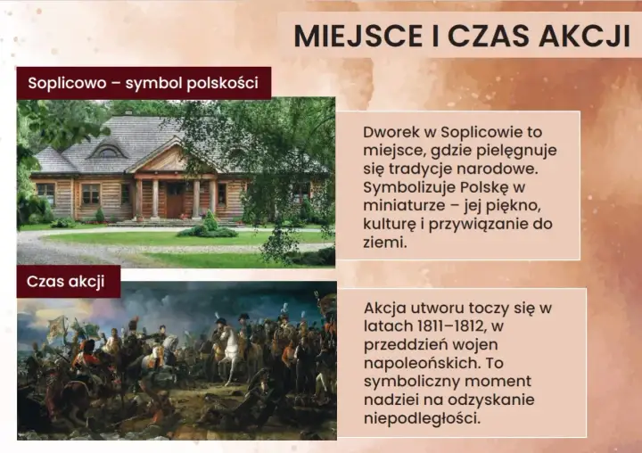 Drewniany dworek i scena batalistyczna z epoki napoleońskiej.